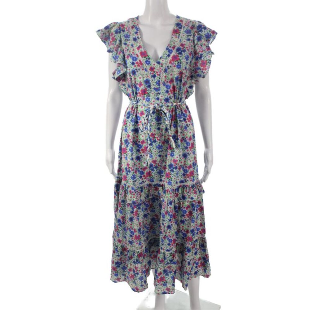 Playa Lucila Womens Floral V Neck Short Sleeve Maxi Cotton Dress Size XS